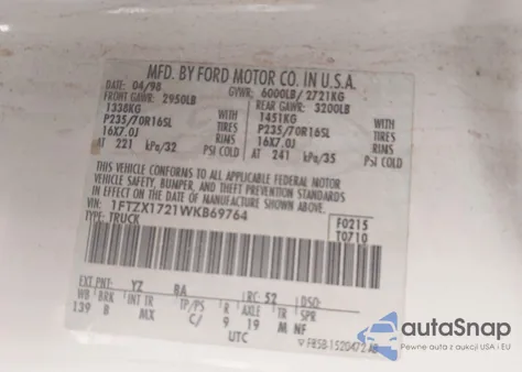 1998 Ford F-150 Standard/Xl/Xlt z USA, uszkodzony, nr VIN 1FTZX1721WKB69764